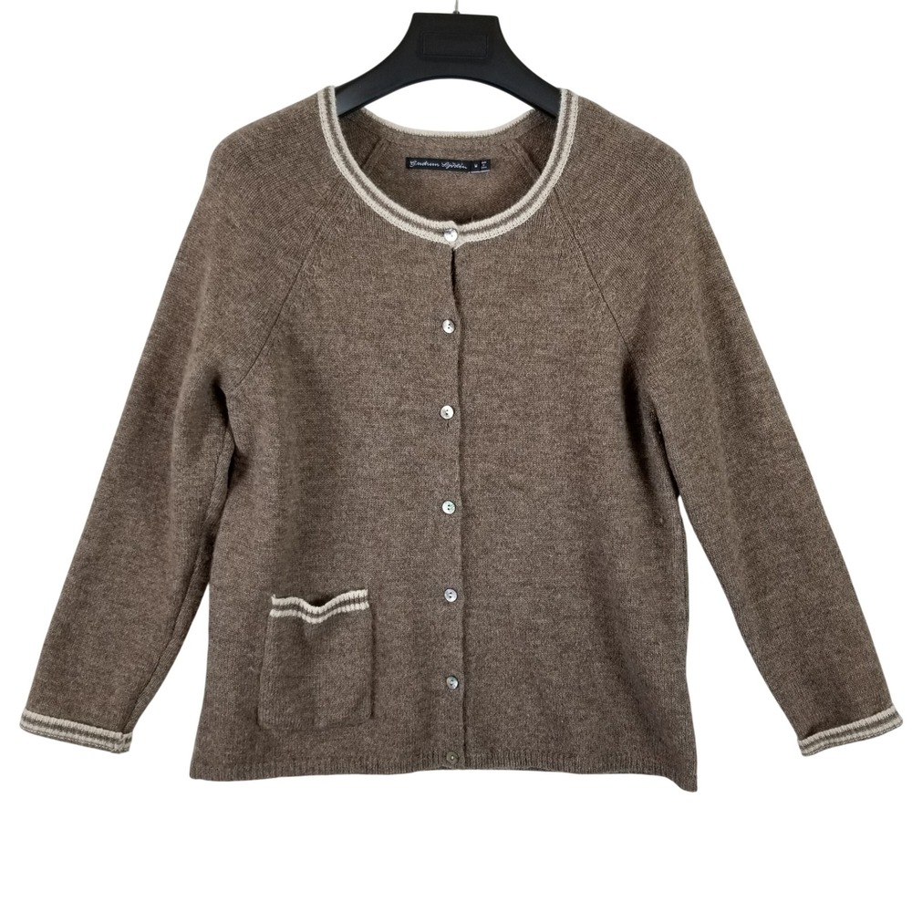 Gudrun Sjoden Brown 100% Wool Cardigan Sweater Striped Trim Pocket Womens Medium